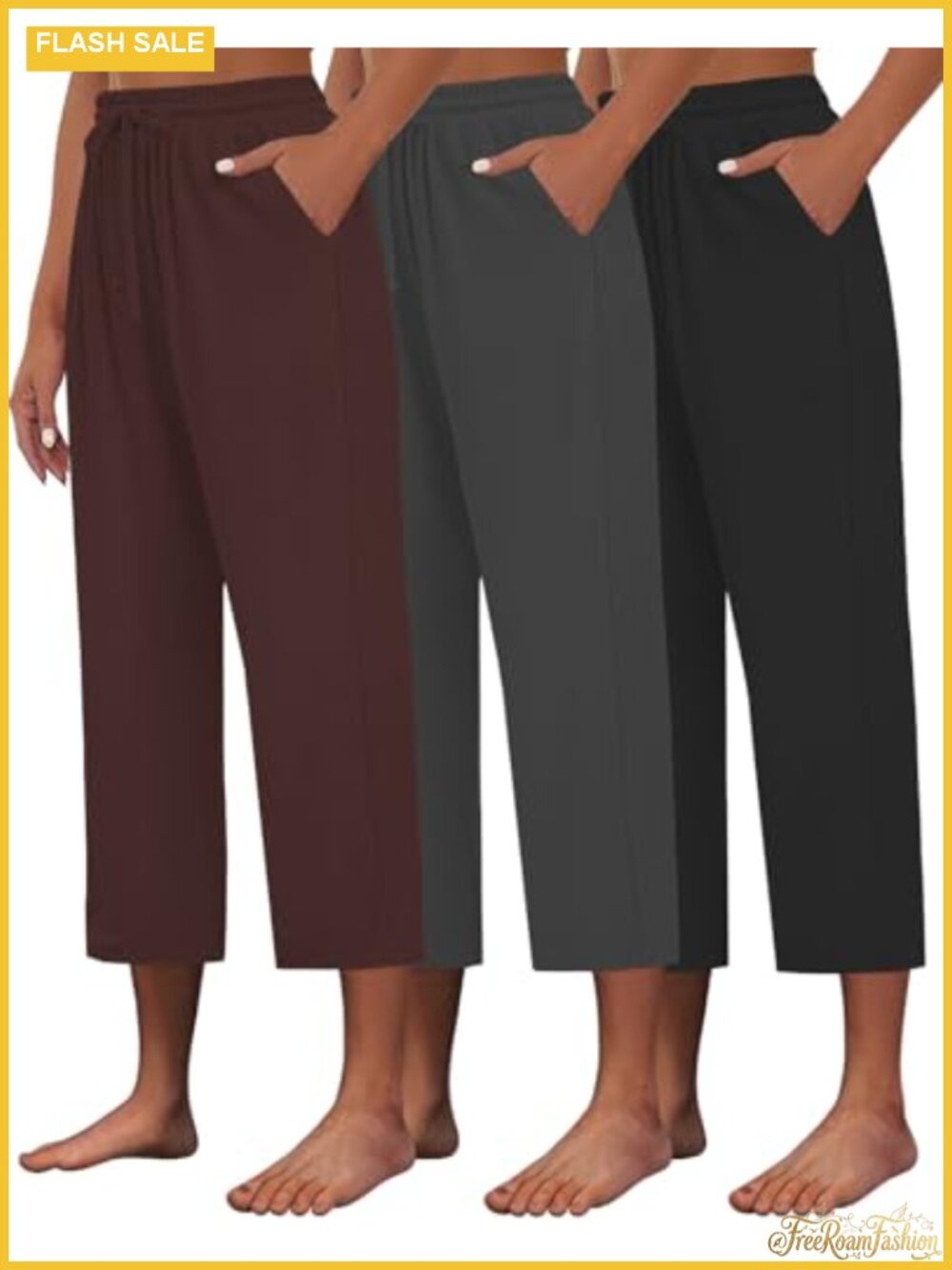 Kivdol 3 Pack Womens Capri Pants Loose Yoga Wide Leg Drawstring Lounge